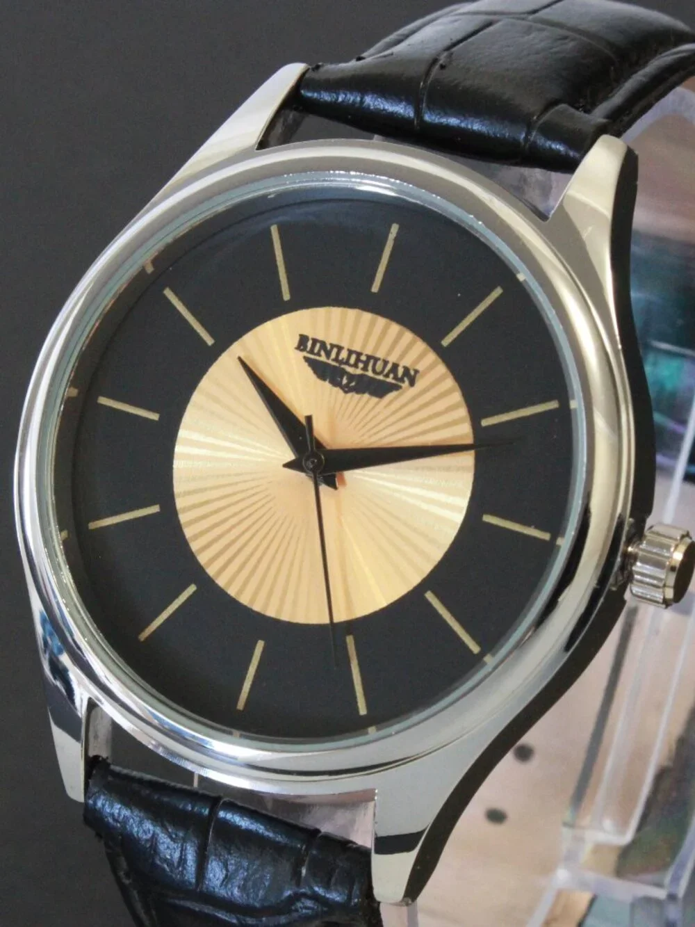 Men's Quartz Dress Watch Black Dial Gold Textured Insert Black Strap 42mm